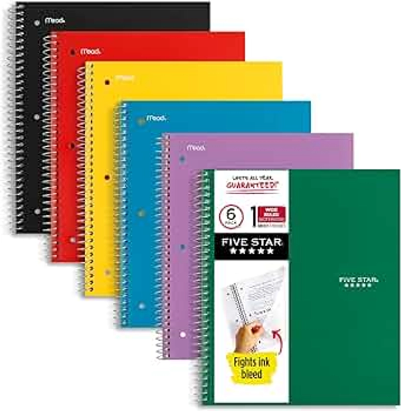 Five Star Spiral Notebooks + Study App, 6 Pack, 1 Subject, Wide Ruled Paper, Fights Ink Bleed, Water Resistant Cover, 8-1/2" x 10", 100 Sheets, Black, Red, Yellow, Purple, Green, Blue (38042)