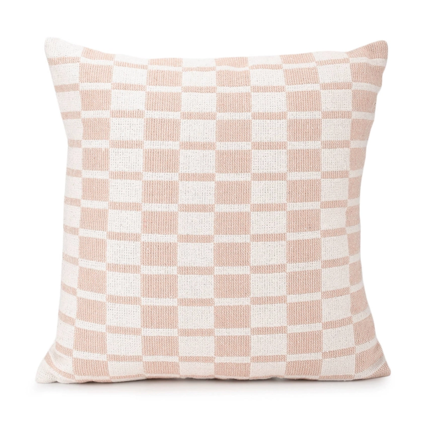 43cm Woven Check Cushion - Pink and Natural