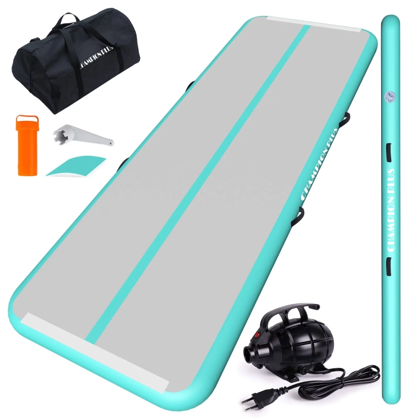 CHAMPIONPLUS Air Track 10ft 13ft 16ft 20ft Inflatable Air Tumble Track Gymnastics Tumbling Mat 4in Thick Mats for Home Use/Training/Cheerleading/Water/Yoga Electric Air Pump, Mint Green 10ft 4in