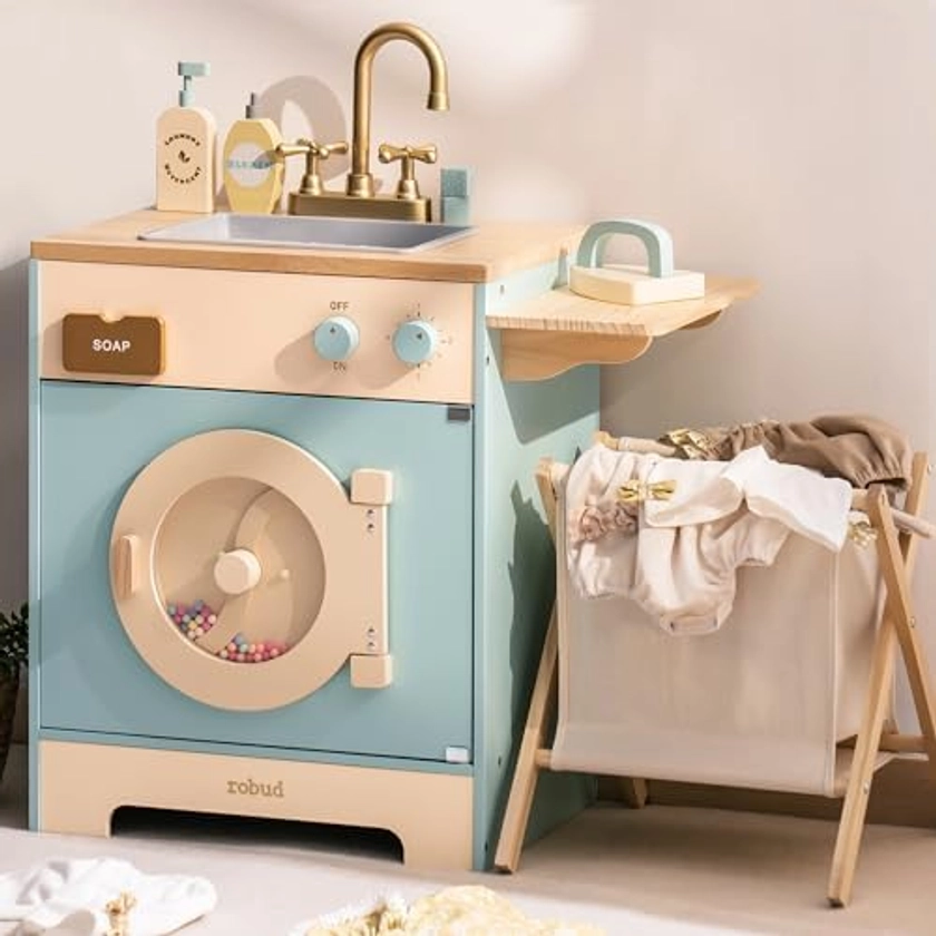 ROBUD Kids Wooden Washing Machine with Laundry Basket, Ironing Board, Detergent and more.Suitable for children from 3 years old. : Amazon.com.be: Toys