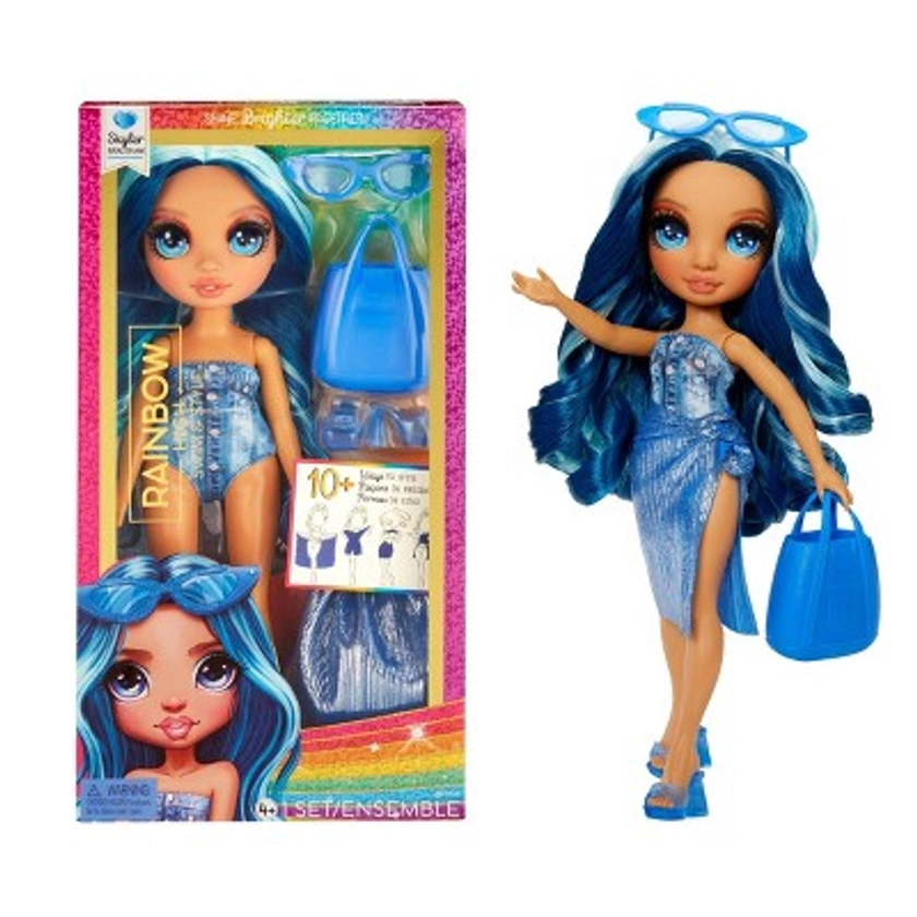 Rainbow High Swim & Style Skyler Blue 11'' Doll with Shimmery Wrap to Style 10+ Ways, Removable Swimsuit, Sandals, Accessories