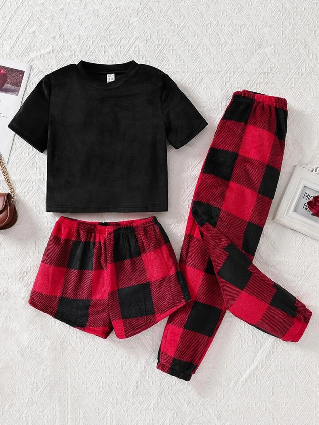 Girls Solid Tee & Buffalo Plaid Shorts And Trousers PJ Set