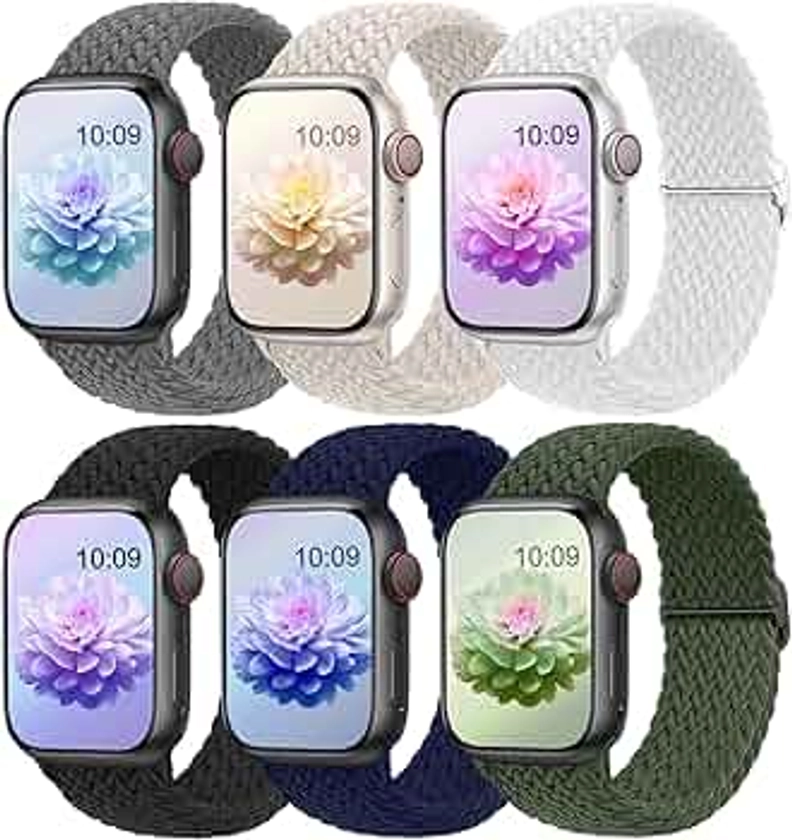 6 Pack Braided Stretchy Solo Loop Bands Compatible with Apple Watch Band 38mm 40mm 41mm 42mm 44mm 45mm 49mm for Women Men,Adjustable Elastic Nylon Straps for iWatch Series SE 9 8 7 6 5 4 3 2 1 Ultra