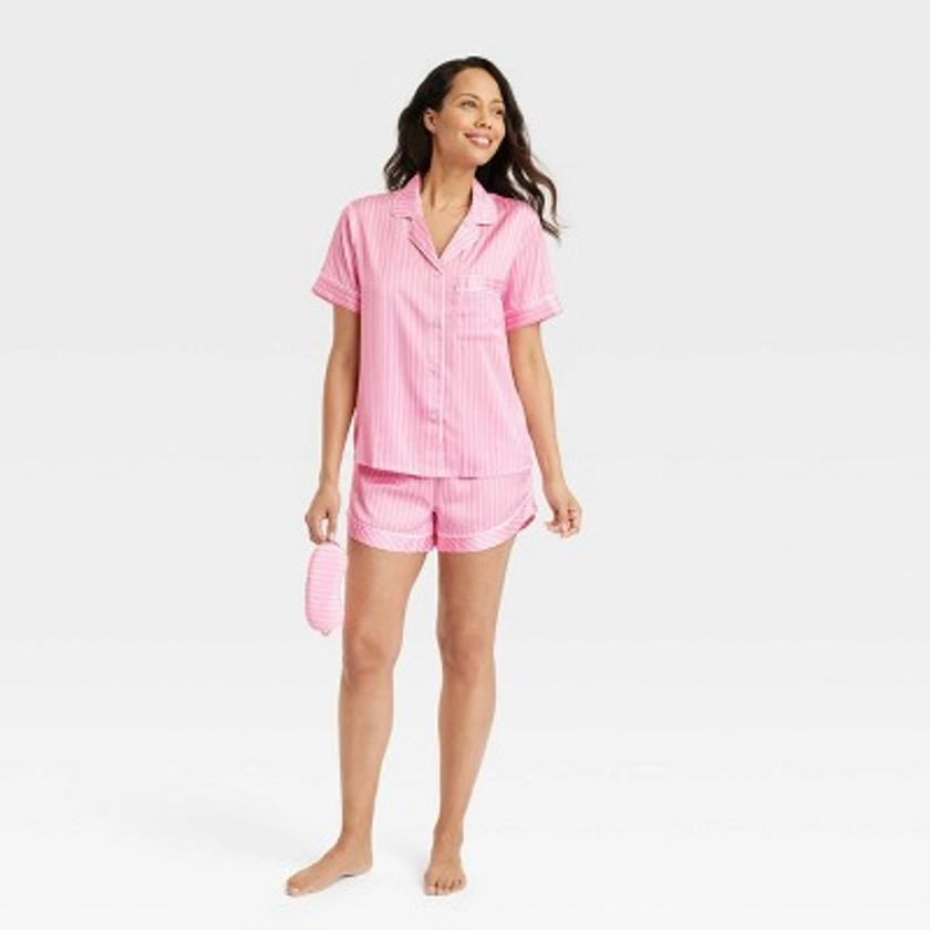 Women's Striped 3pc Satin Short Sleeve Notch Collar Top and Shorts Pajama Set with Eye Mask - Stars Above™ Rose Pink XL