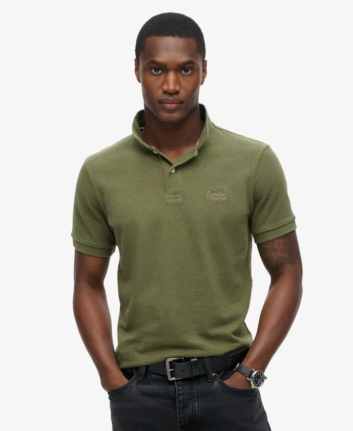 Homme - Polo en piqué classique Vert Olive Doux Chiné | Superdry FR