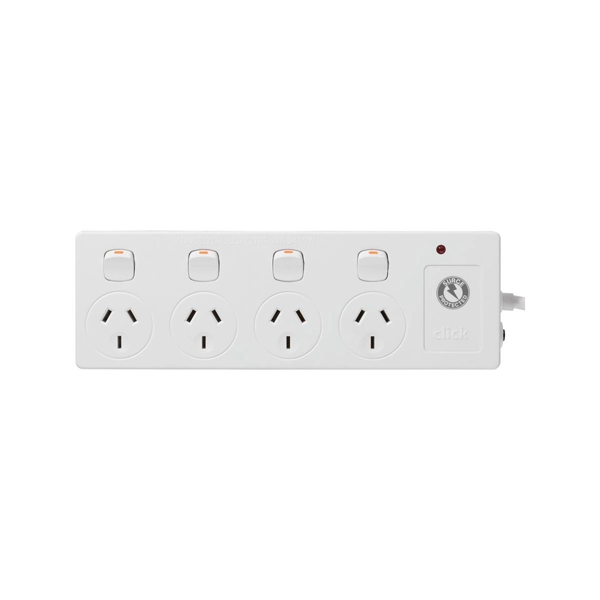 Click White 4 Outlet Switched Powerboard Surge Protect 