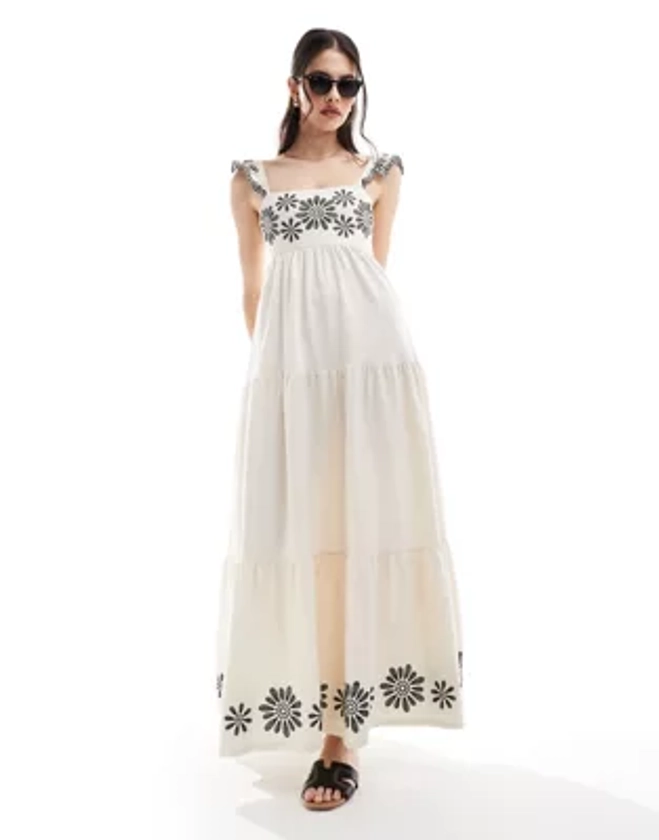 Miss Selfridge tiered maxi dress with embroidery detail in cream | ASOS