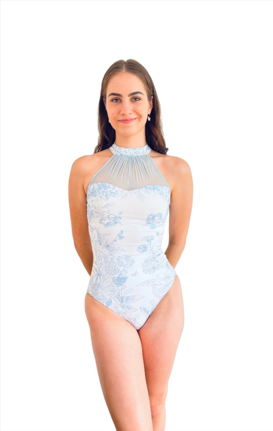 The Sweetheart High Neck Leotard - White with Blue Floral Print