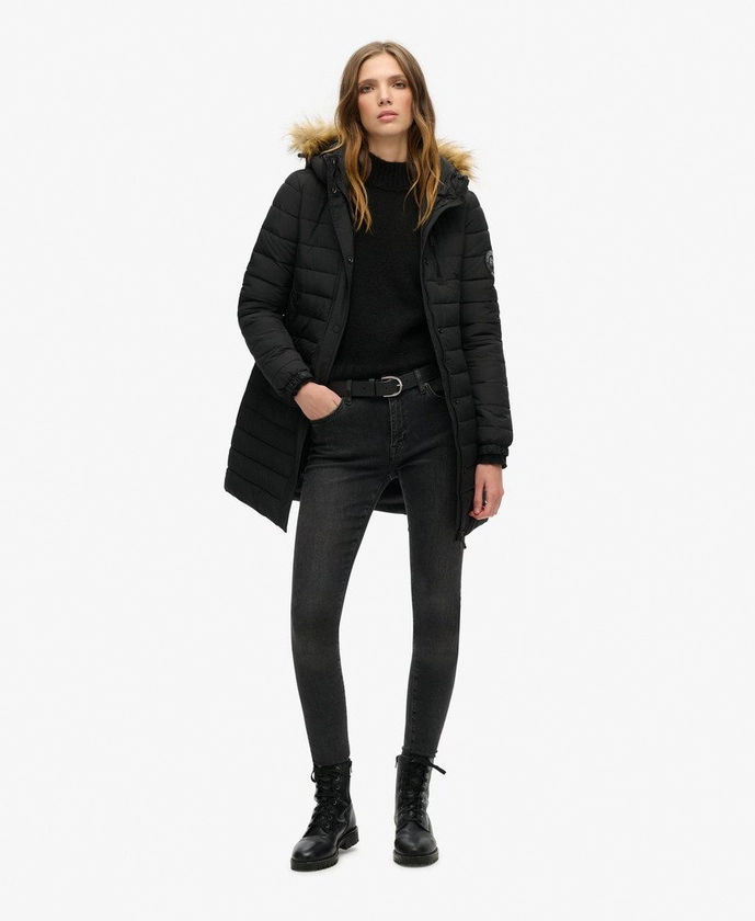 Womens - Fuji Hooded Mid Length Puffer Coat in Black | Superdry UK