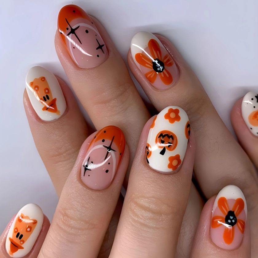 24pcs Halloween Press-On Nails Set - Medium Oval, Pink French Tip With Pumpkin, Flower & *, Glossy Finish - Perfect For Festive Manicures