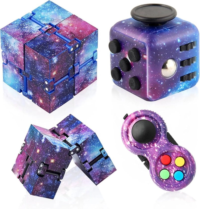 Cuackamily 3 PCS Fidget Toy Set, Galaxy Fidget Toy Cube Toy, Fidget Pad Toys, Infinity Cube Fidget Controller Sensory Toy Finger Toy, Anxiety Relief Stress Relief for ADHD, ADD, Autism, Adults, Kids