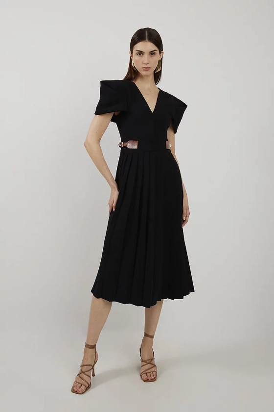 Soft Tailored Crepe Tab Detail Pleated Midi Dress