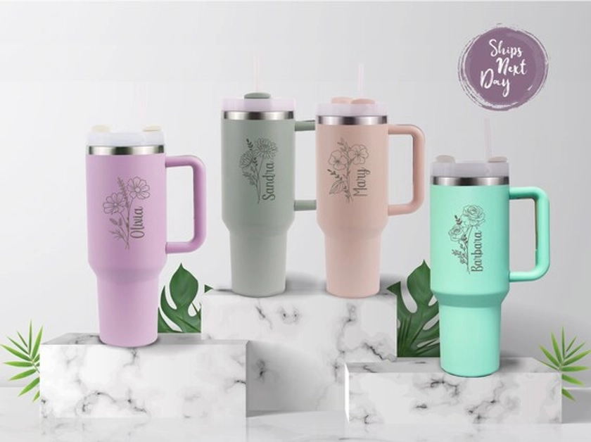 Custom Name Birth Flowers 40oz Tumbler, Stainless Steel Tumbler With Straw Handle, Birth Month Flowers Tumbler, Laser Engraved Tumbler