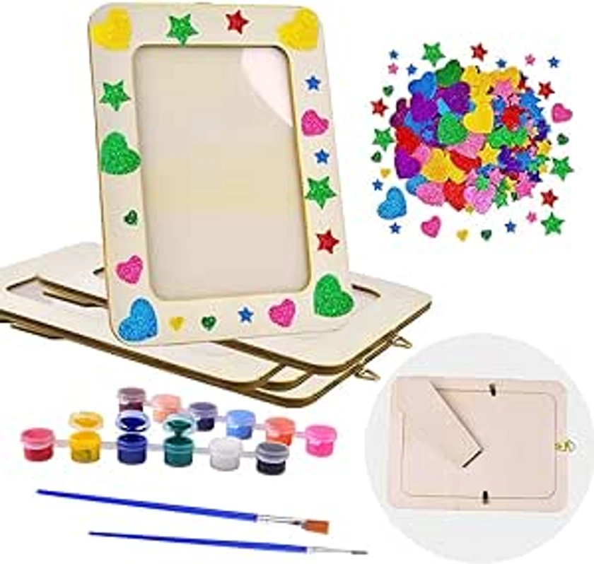 Aweyka Picture Frame Painting Craft Kit, 5 Packs 6 x 8 inch DIY Wooden Photo Frames with Stand & Clear Protector, Painting Tools Set, Eva Stickers for Father Day Gift, Kids Craft, Paint and Decorate