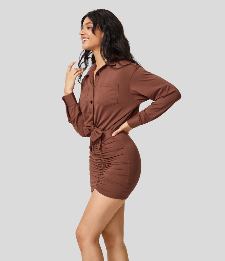 Women’s Collared Button Chest Pocket Tie Front Long Sleeve Ruched Bodycon Mini Casual Dress - Halara 