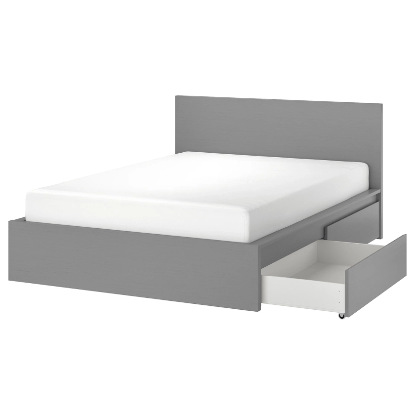 MALM High bed frame/2 storage boxes - gray stained/Luröy King
