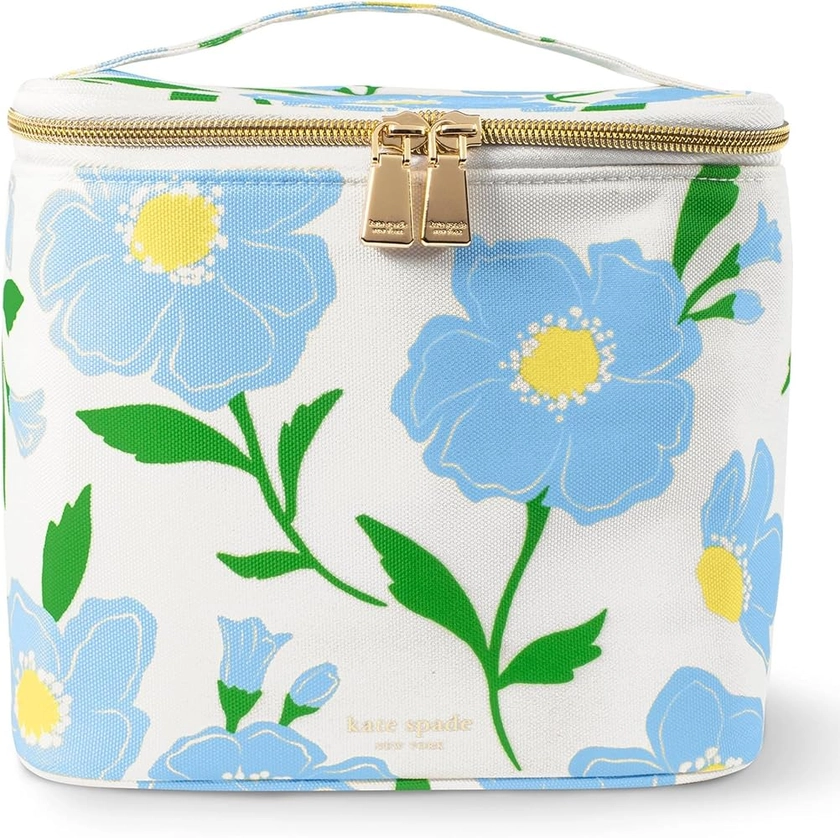 Kate Spade New York Insulated Lunch Tote, Small Lunch Cooler, Thermal Bag with Double Zipper Close and Carrying Handle, Blue and White, Sunshine Floral