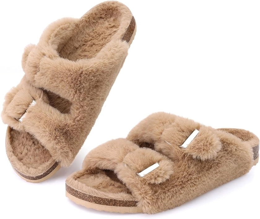 Amazon.com | KIDMI Fuzzy Slippers Women with Cork Footbed Fluffy Slides Open Toe Indoor House Shoes | Arch Support | Adjustable Buckles, Khaki 8-8.5 | Slippers