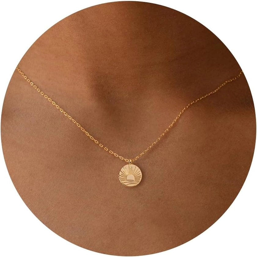 Gold Necklace for Women-14K Gold Plated Medallion Bee Sun Hoop Chilli Humming Bird Pendant Dainty Gold Necklace 16.5”+2” ext