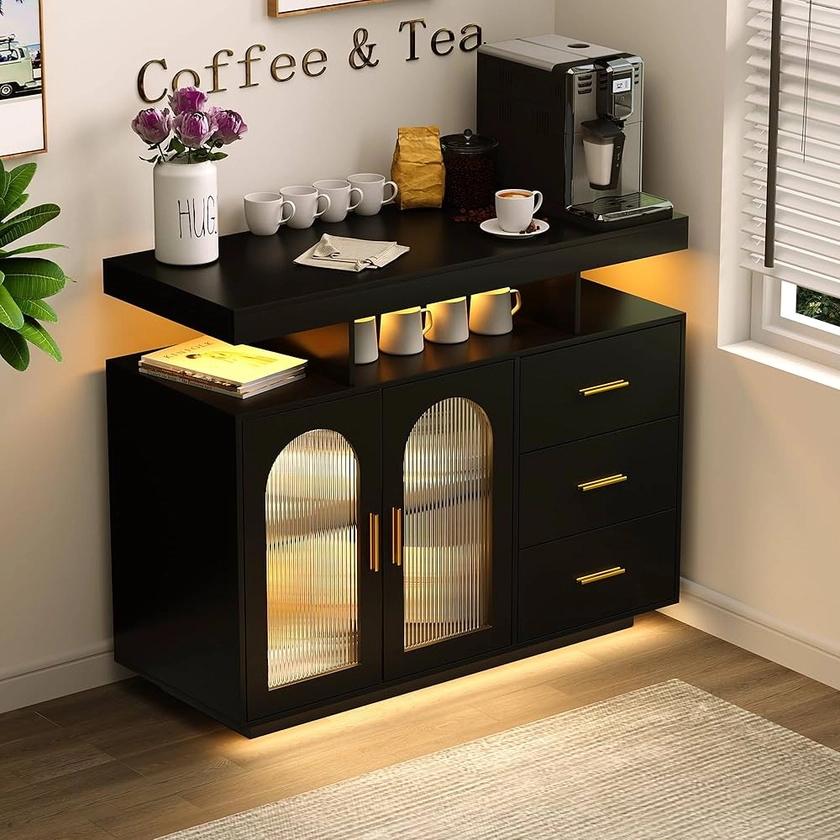 FREDEES RGB LED Coffee Bar Cabinet Kitchen Storage Cabinet & Sideboard Buffet Cabinets - Wood Coffee Bar Table with Shelf Capacity for Dinning Room/Living Room/Kitchen(Black)