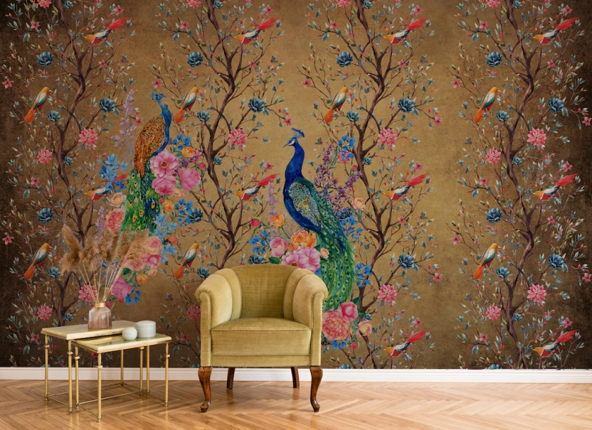 Chinoiserie Wallpaper Peel and Stick, Removable Wallpaper, Asian Wall Art, Peacock With Peony Flowers Wall Mural - Etsy Australia