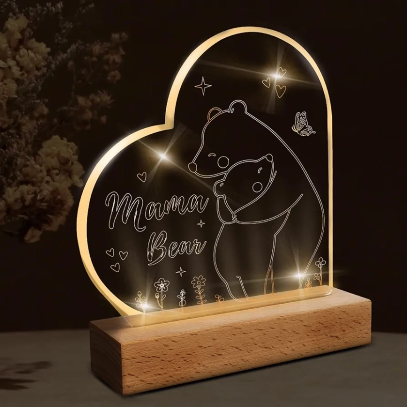 Landifor Mother's Day Gift for Mom from Daughter Son Heart Shaped Acrylic Plaque Mummy Present Engraved Night Light with Mama Bear Night Lamp for Mum on Mother's Day Birthday