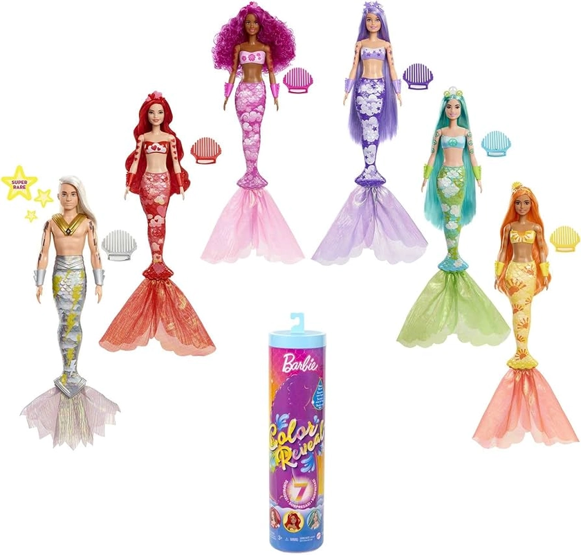 Barbie Color Reveal Doll, Mermaid Toy with 7 Surprises, Color Change and Accessories, Rainbow Mermaid Series, HCC46