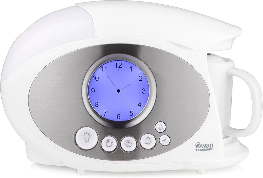 Swan STM200N Teasmade with LCD Analogue Clock Light, Rapid Boil and Alarm, 600ml, 850W, White