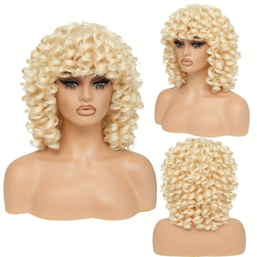 14 Inch Short Curly Blonde Wigs With Bangs Afro Curly Synthetic Wigs For Women Shoulder Length Bouncy Curly Wigs For Women Short Wigs Heat Resistant 1