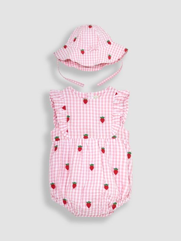 JoJo Maman Bébé Pink 2-Piece Strawberry Embroidered Bubble Romper & Hat Set