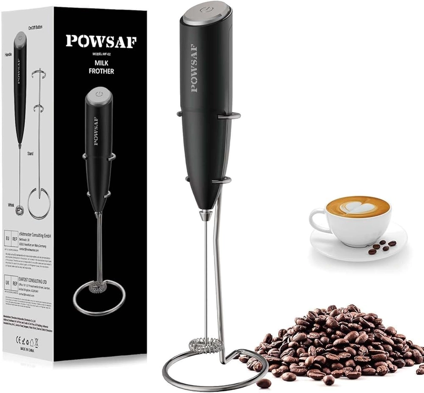 POWSAF Mousseur à Lait, Fouet Électrique avec Support, Emulsionneur à Lait, 13000 Tr/min, Fouet Mini Mixeur pour Café, Latte, Cappuccino, Matcha, Noir