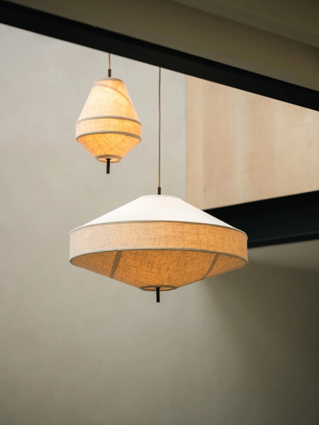 Solara - large aged brass and layered natural linen pendant