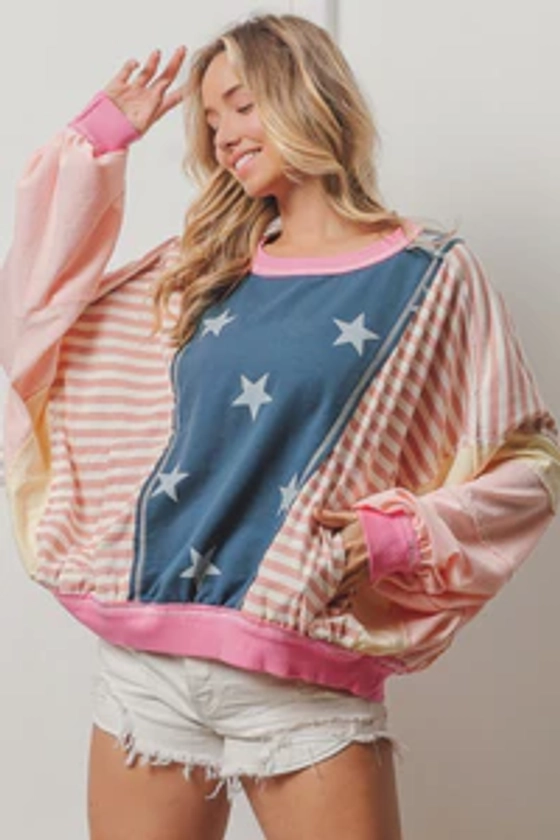 Hazel Blues® | BiBi Stars and Stripes Round Neck Long Sleeve Top