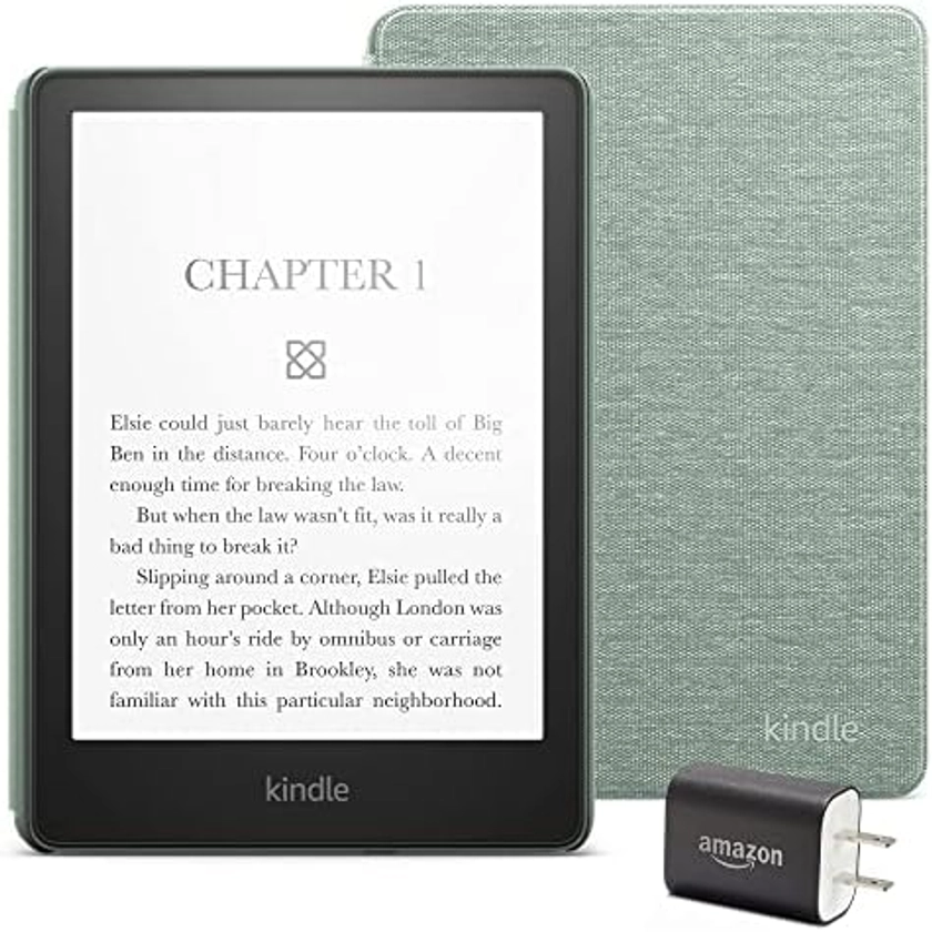 Kindle Paperwhite Essentials Bundle including Kindle Paperwhite (16 GB) - Agave Green, Fabric Cover - Agave Green, and Power Adapter