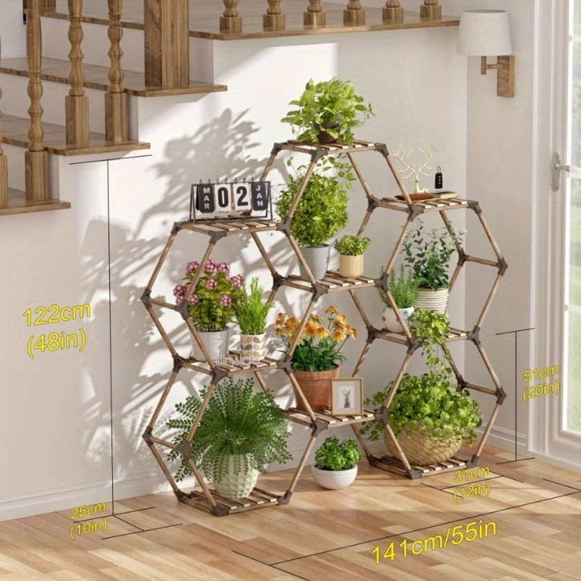 1 Pack, Indoor Plant Stand, Wooden Outdoor Multi-tier Plant Stand For Multiple Plants 3 Tier With 9 Pots Hexagonal Plant Stand, Plant Table Decoration, Bohemian Style Home Decor, Gardening Gift
