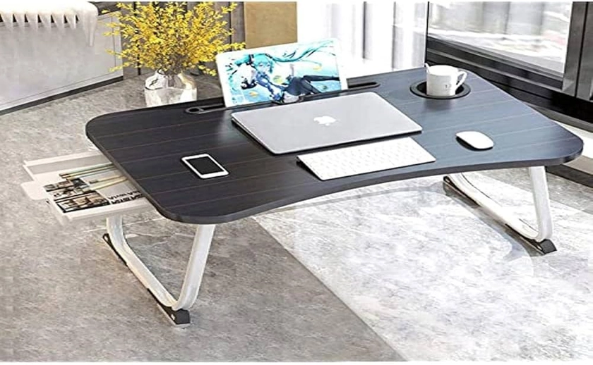 Table de Lit Portable, Bureau de Ordinateur Portable avec Porte Gobelet, Plateau de Lit Ordinateur Portable Pliante avec Le Tiroir pour Étudiant Adulte pour Canapé/Sol (60x40x28cm)