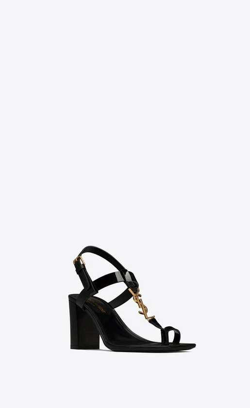 Cassandra heeled sandals in patent leather with gold-tone monogram | Saint Laurent | YSL.com