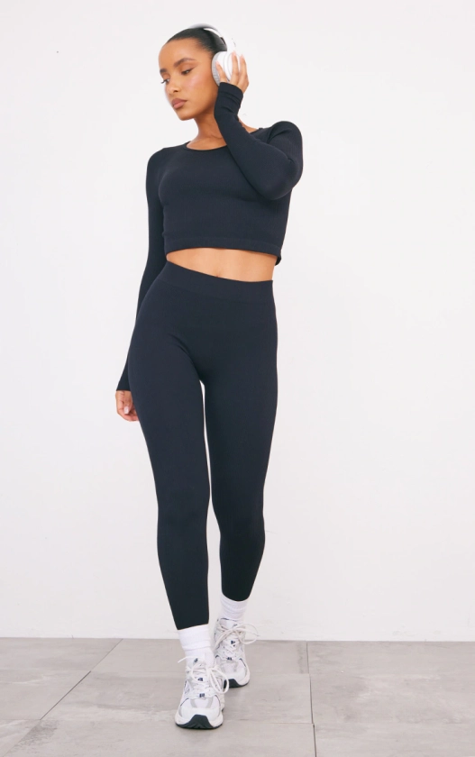 Black Structured Snatched Ribbed Leggings