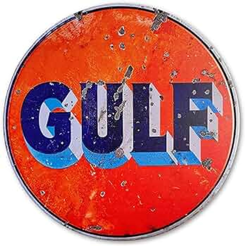 Vintage Tin Sign, Retro Metal Home Decor, Funny Decorations For Man Cave Garage Wall, Metal Post Round 12 Inches (GULF)