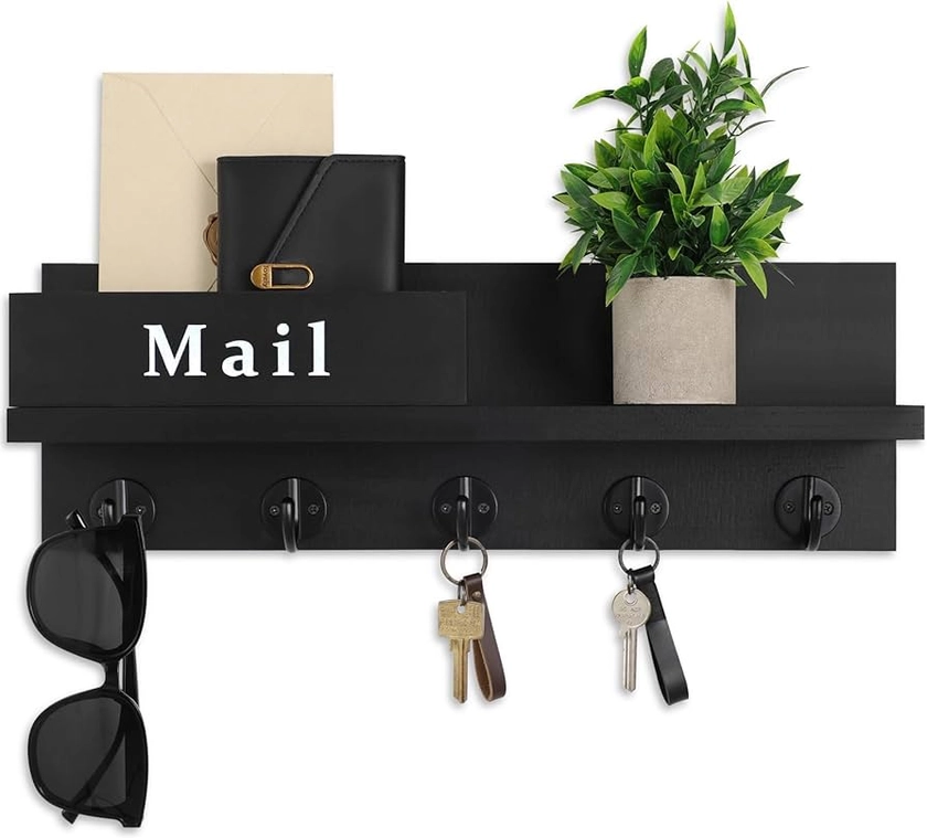 Key Holder for Wall - 15.7" x 5.3" x 3.5" Decorative Mail Organizer Wall Shelf with Hooks - Sturdy Paulownia Wood with 5 Thick Hooks for Rustic Home Décor (Black)