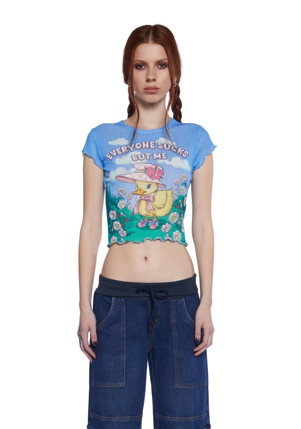 Delia's Everyone Sucks But Me Meadow Duck Cottagecore Graphic Baby Crop Tee - Multi