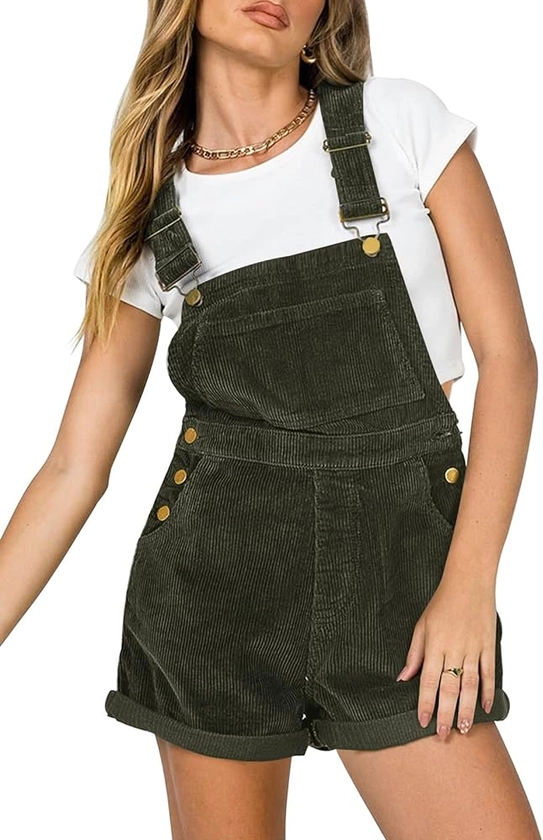 Women Corduroy Short Overalls Romper Jumpsuit Casual Adjustable Straps Cute Plain Overall With Pockets