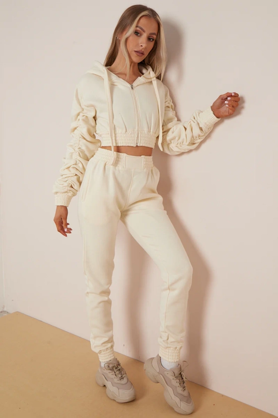 Cream Ruched Cropped Hoodie And Jogger Set - Kallie