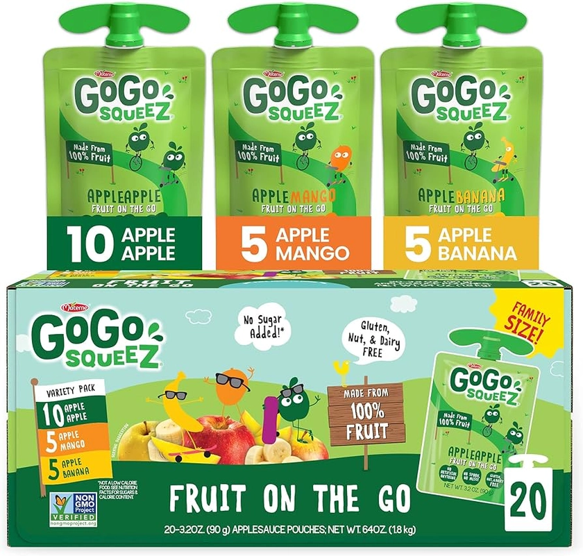 Gogo Squeez, Fruit On The Go Variety Pack Apple Mango Banana, 3.2 Ounce, 20 Pack