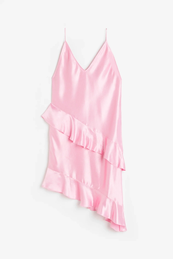 Flounced satin slip dress - Deep neckline - Sleeveless - Light pink - Ladies | H&M GB