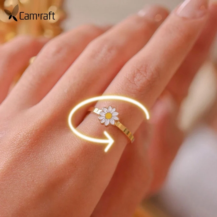 Bague Anti-Stress pour femmes, anneau rotatif, Anti-Stress, réglable, fleur de marguerite, cadeau