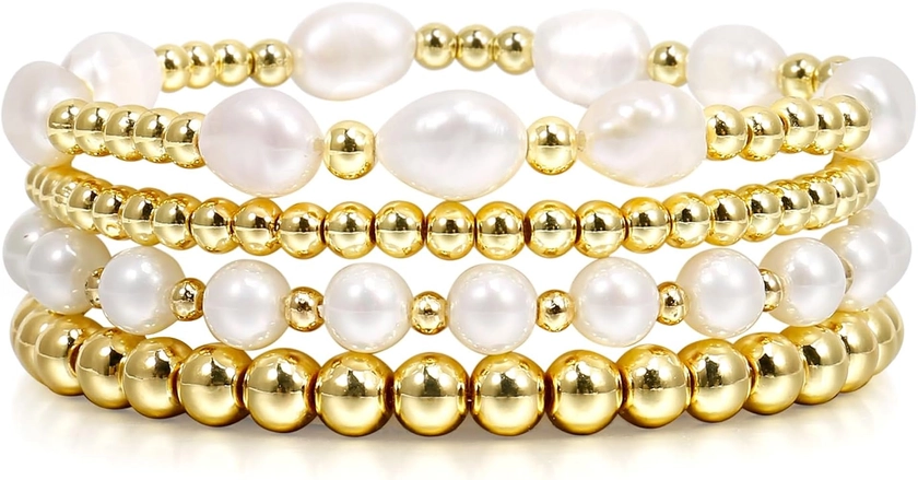 Gold Beaded Bracelets for Women Baroque Pearl Stackable14K Gold Plated Stretch Bead Ball Bracelet Jewelry Gifts