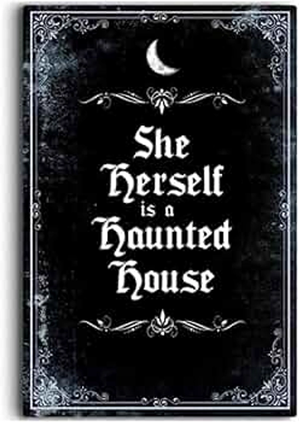 IRISIVITA Spooky Metal Sign, She Herself Is A Haunted House, Gothic Decor for Bedroom, Vintage Halloween Decorations Indoor, Witchy Room Decor, Goth Room Decor, Halloween Decor,11.75 X 7.8 Inches