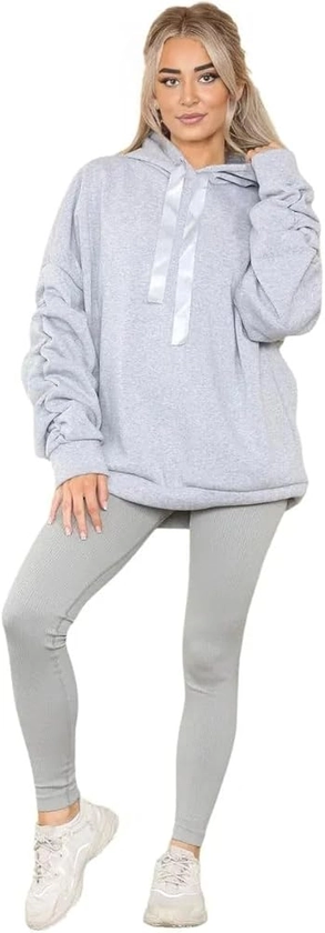 HUBIBUBI Women's Ruched Sleeve Oversized Hoodie Ladies Ribbon Hoodie Jumper top Sizes 8-22