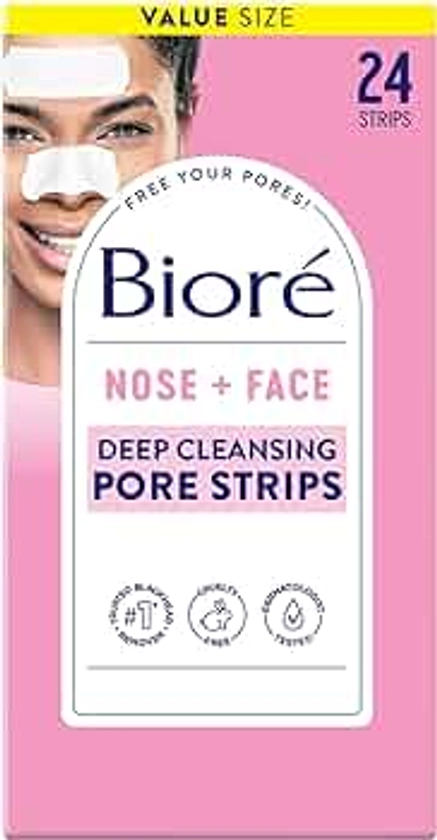 Biore Nose+Face Blackhead Remover Pore Strips, 12 Nose + 12 Face Strips for Chin or Forehead, Deep Cleansing with Instant Blackhead Removal and Pore Unclogging, Non-Comedogenic Use, 24 Ct Value Size